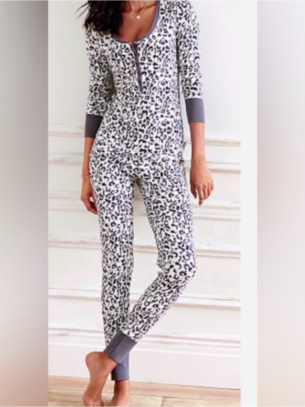 Victoria’s Secret 2014 Thermal Leopard Long John Joggers‎ and Henley Button Top.